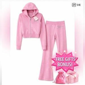 New! Juicy Couture Pink Rhinestone Logo Knit Track Suit Set | Size: (L)
